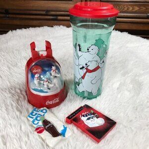 Set of 4 Vintage Coca-Cola Polar Bear Coin Bank + Magnets + Travel Cup with Lid